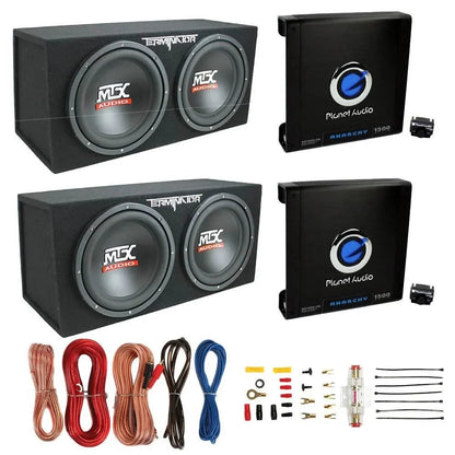 MTX TNE212D 12-Inch Dual Loaded Subwoofer Enclosure 2-Pack With Planet Audio AC1500.1 Amplifiers 2-Pack And Soundstorm AKS8 Wiring Kit