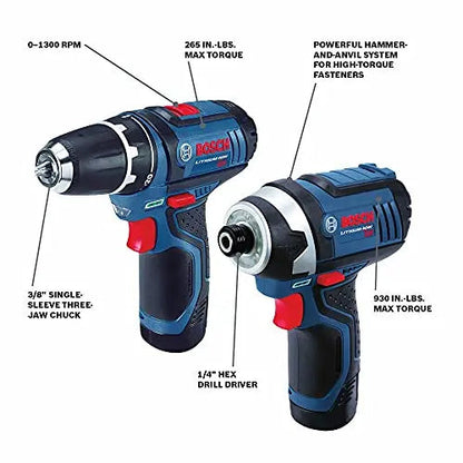 BOSCH 12V Max Cordless Drill/Driver And Impact Driver Combo Kit With 2 Batteries, Charger And Case - CLPK22-120