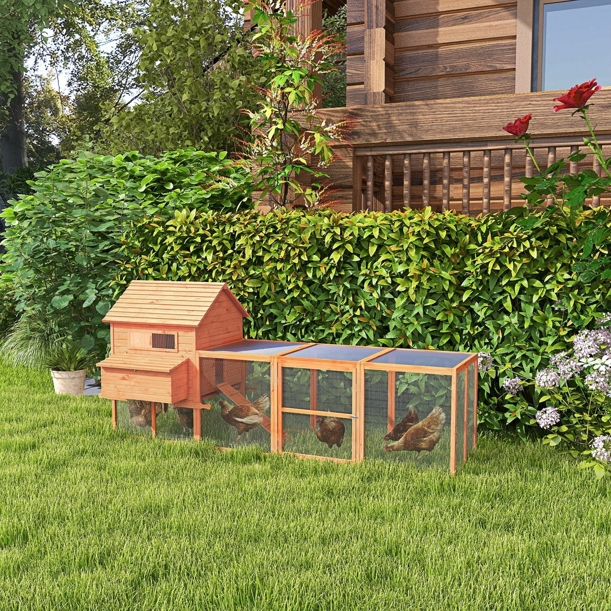 PawHut Wooden Chicken Coop With Run And Inner Hen House Space - 145 in