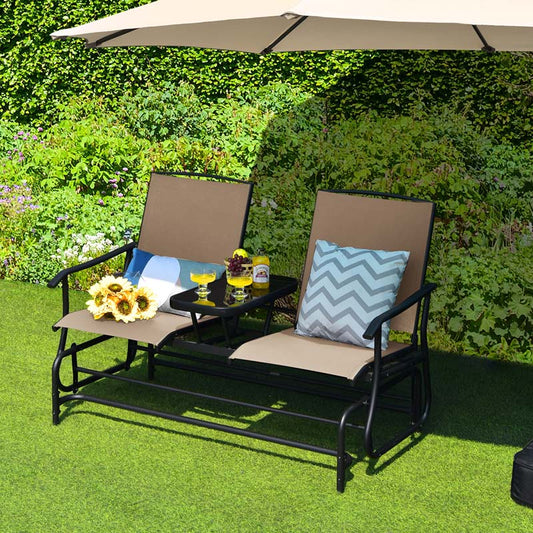 2-Person Outdoor Bench Glider Chair With Center Table, Mesh Fabric, 57 x 28 x 38 in