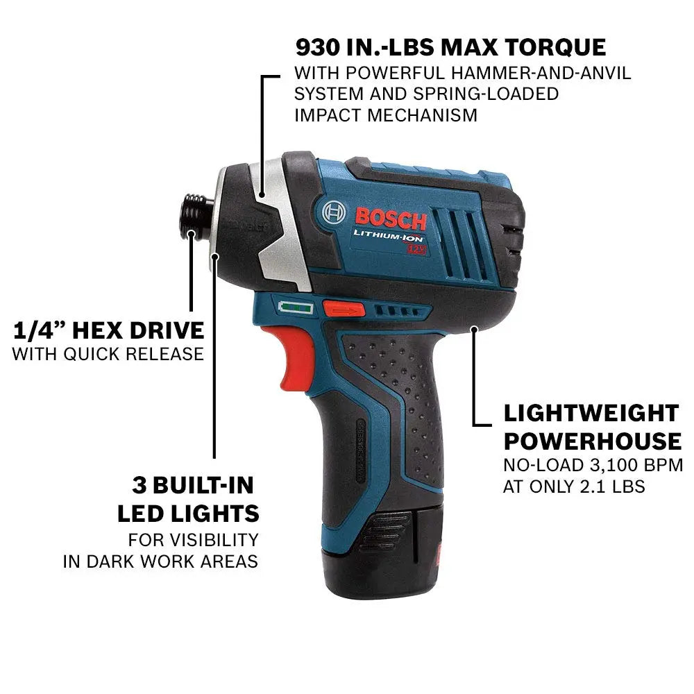 BOSCH 12V Max Cordless Drill/Driver And Impact Driver Combo Kit With 2 Batteries, Charger And Case - CLPK22-120